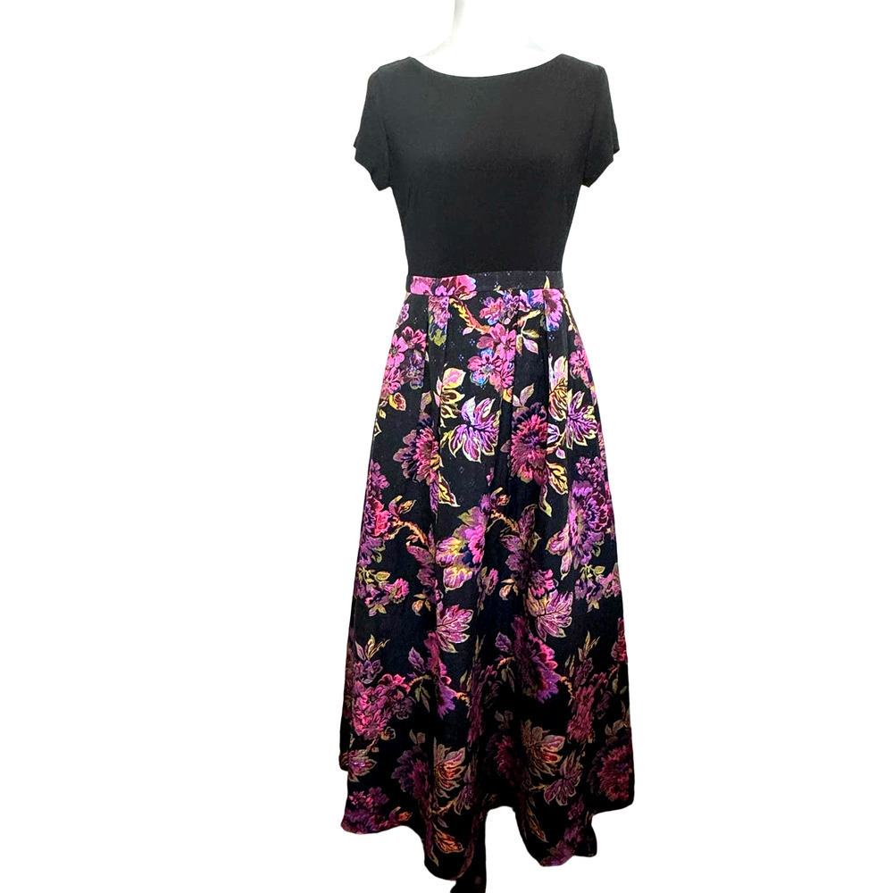 Adrinna Papell Dress Floral Gown Black Pink Floral‎ Metallic Jacquard Size 8